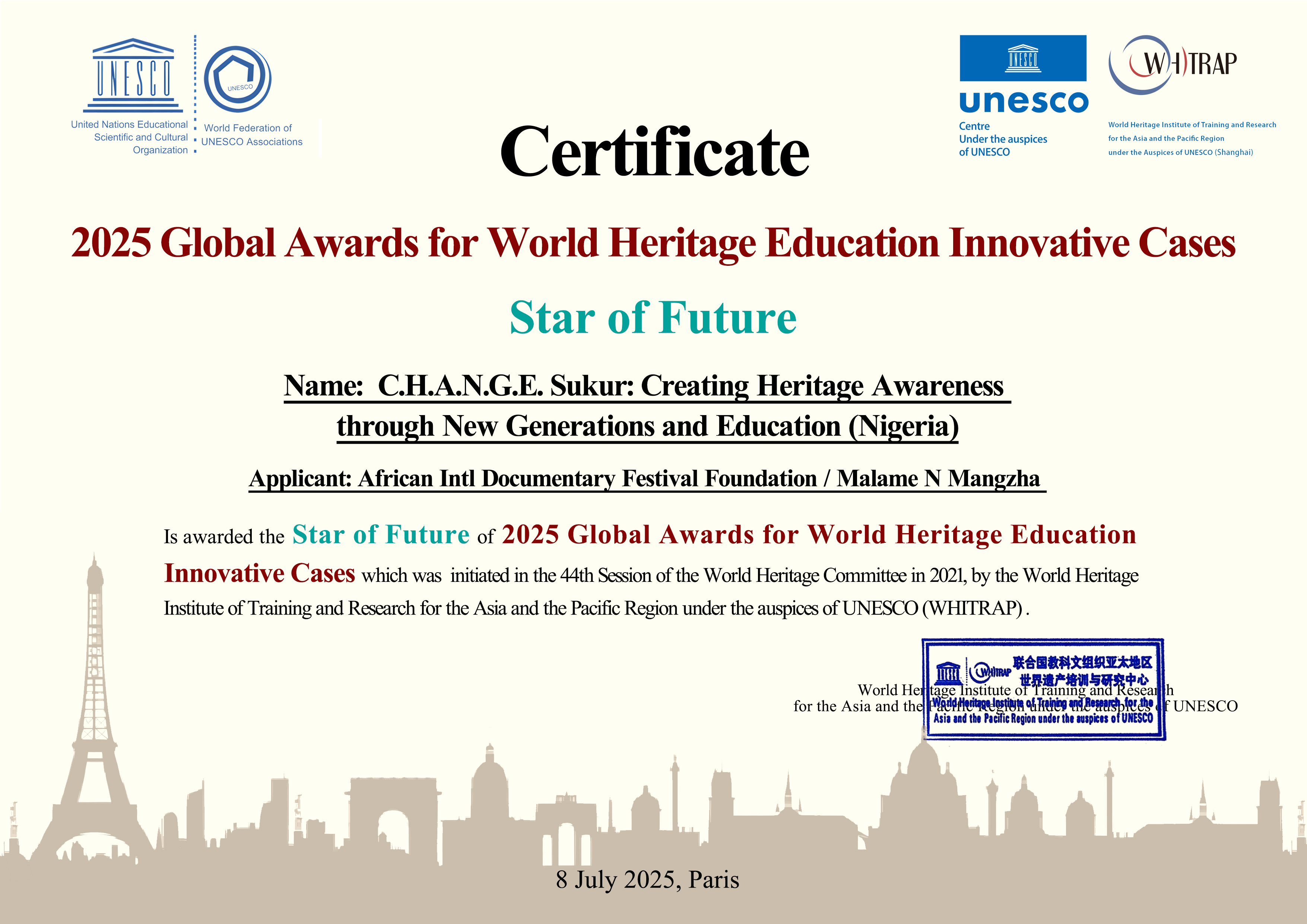 AFIDFF Receives 2025 UNESCO Global Award for World Heritage Education Innovation